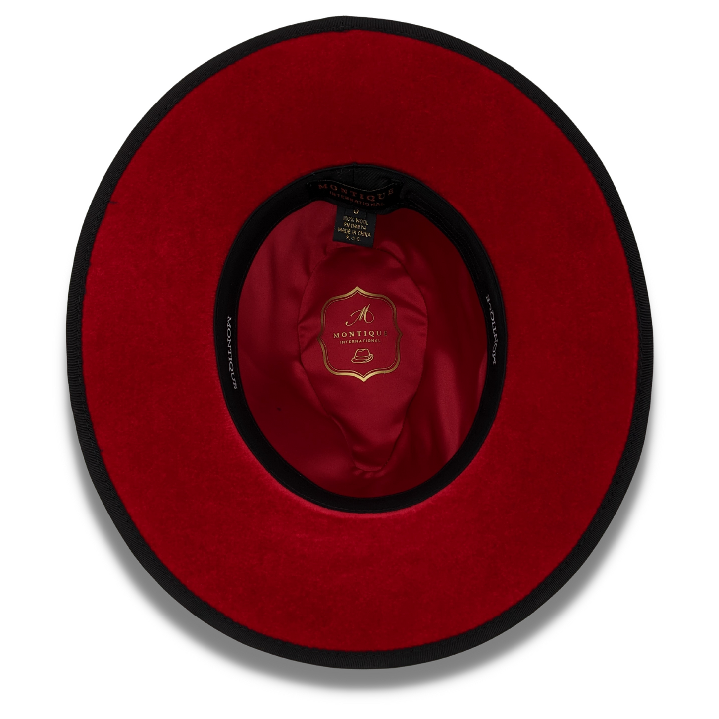 Montique Black 3 1/8" Brim Red Bottom Wool Felt Dress Hat  SZ LAR      H-80