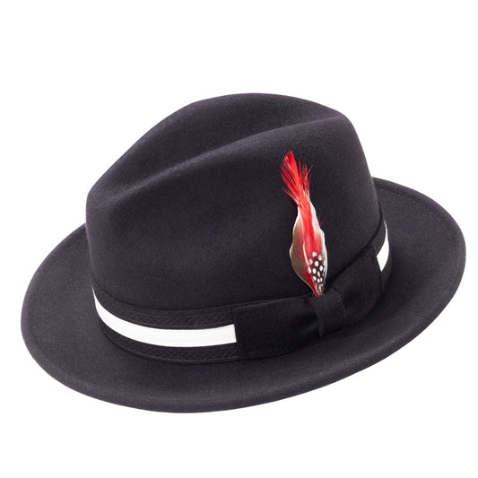 Montique Black Felt Fedora with White Band and Red Feather. SZ MED 7-7 1/8. H100