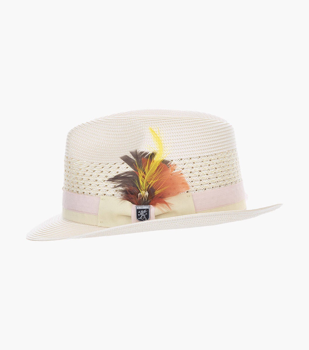 STACY ADAMS Tyce Fedora Poly Braided Pinch Front Hat`BIEGE/PINK SZ LARGE 7 1/4