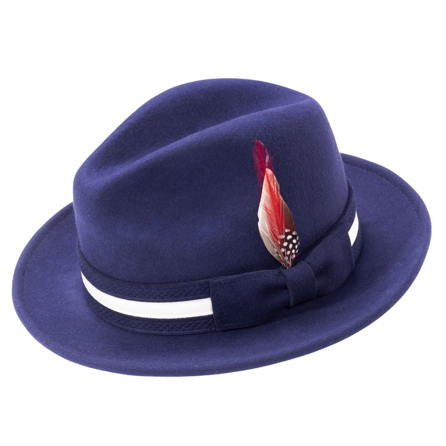 Montique NAVY Felt Fedora with White Band / Red Feather. SZ MEDIUM  H100