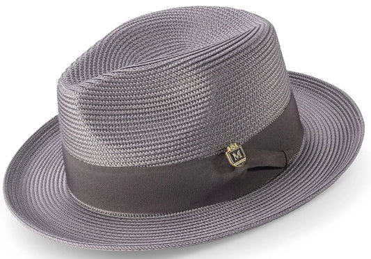 GREY Braided 2 1/2 inch Wide Brim Pinch Fedora Matching Grosgrain Ribbon  h-42