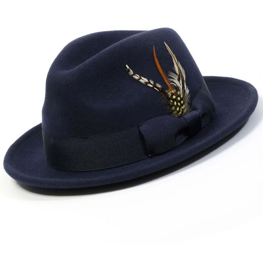 Montique NAVY  2" Snap Brim Crushable Felt Wool Fedora Hat. SZ MED  7 1/4 H-10