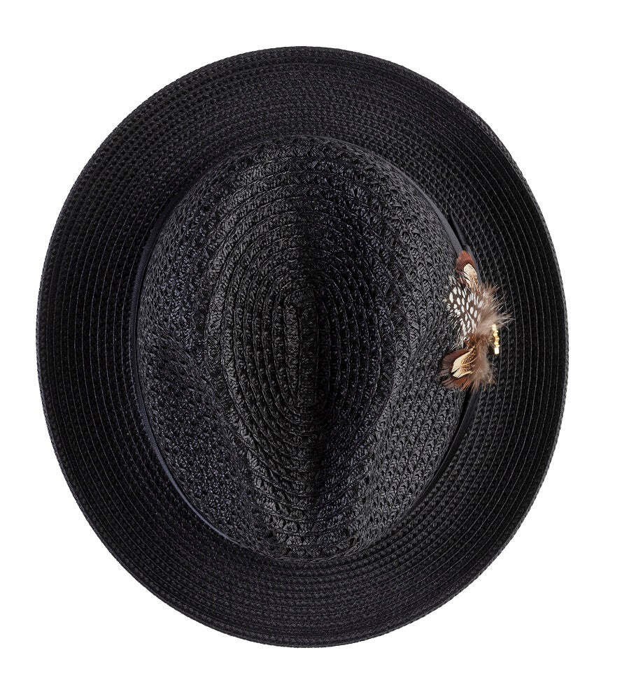 BLACK Solid Color Pinch Braided Fedora With Matching Satin Ribbon . SZ MED  H-34