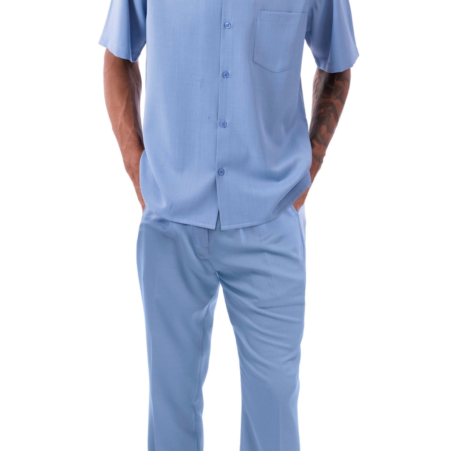 Traje MONTIQUE CAROLINA BLUE para caminar, conjunto de 2 piezas de color sólido y manga corta 696