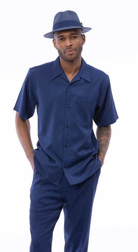 Traje MONTIQUE AZUL MARINO para caminar, 2 piezas, color liso, manga corta, conjunto 696