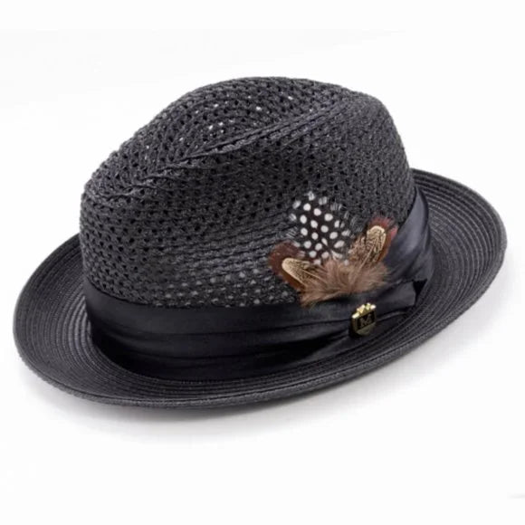 MONTIQUE BLACK Solid Color Pinch Braided Fedora With Matching Satin Ribbon .  H-34