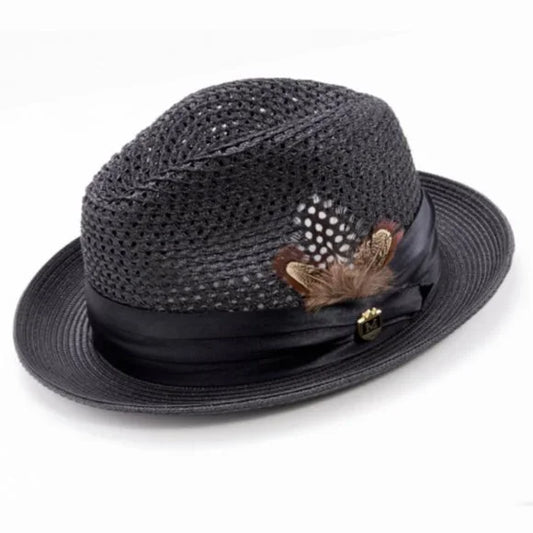 MONTIQUE BLACK Solid Color Pinch Braided Fedora With Matching Satin Ribbon .  H-34