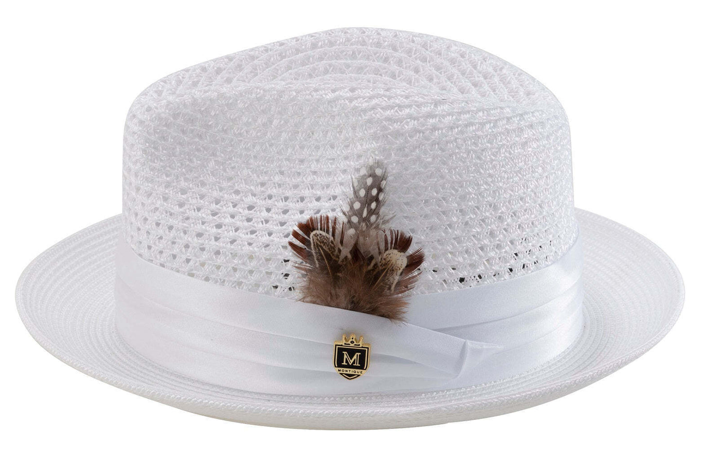 Montique WHITE Pinch Braided Fedora With Satin Ribbon Hat h-34