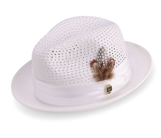 Montique WHITE Pinch Braided Fedora With Satin Ribbon Hat h-34