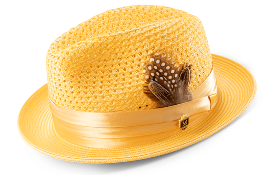 MONTIQUE Canary Solid Color Pinch Braided Fedora With Matching Satin Ribbon .  H-34