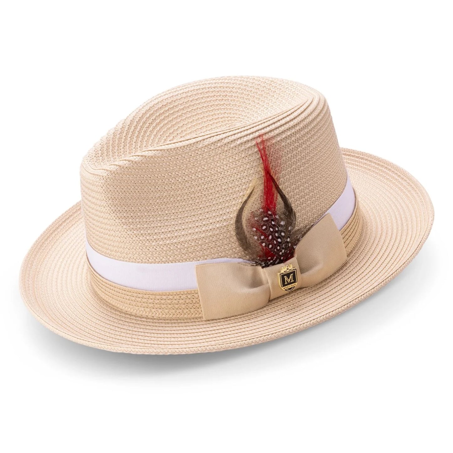 Sombrero fedora Montique BEIGE con banda de grogrén bicolor y pluma decorativa. H-91