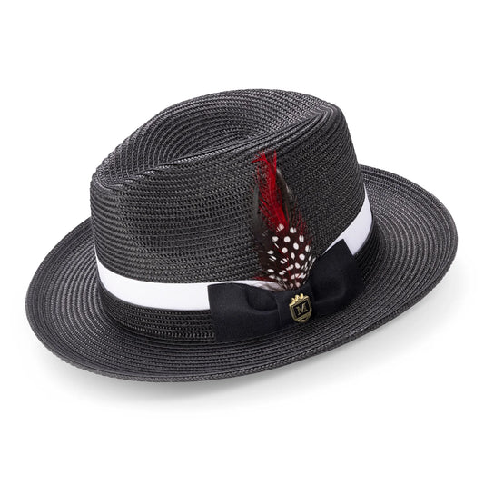 Montique BLACK Fedora Hat with Two-Tone Grosgrain Ribbon Band and Feather Accent  H=91