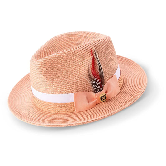 MEN'S PEACH FEDORA WITH 2 1/2 INCH BRIM 2-TONE GROSGRAIN RIBBON BAND @ FEATHER  H-91