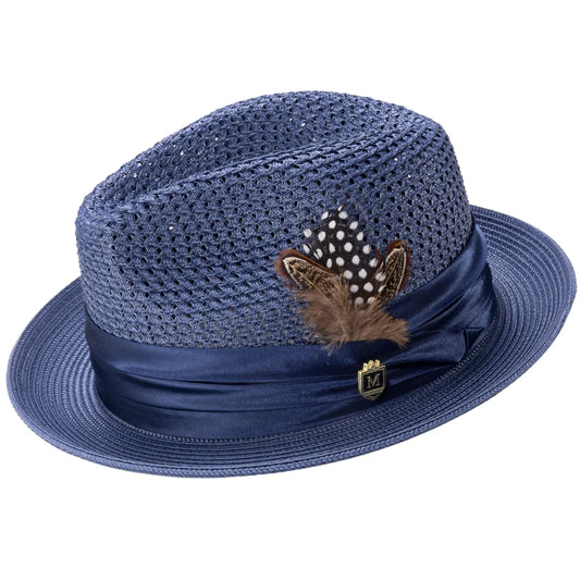 MONTIQUE NAVY Solid Color Pinch Braided Fedora With Matching Satin Ribbon .  H-34
