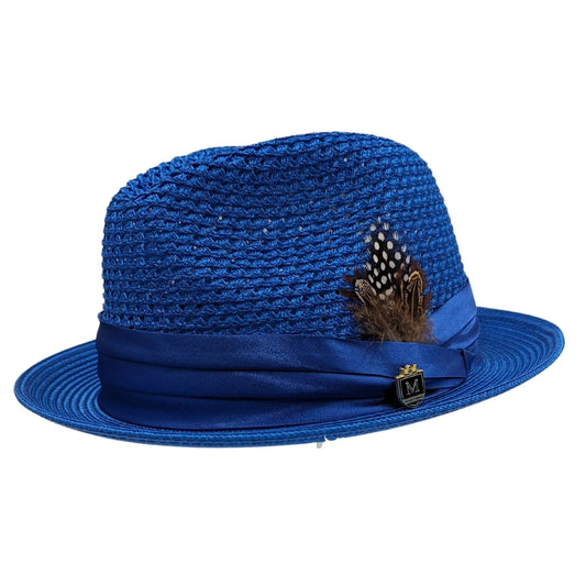 MONTIQUE COBALT Solid Color Pinch Braided Fedora With Matching Satin Ribbon .  H-34