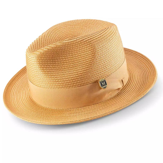 MONTIQUE TAN Solid Color Pinch Braided Fedora With Matching Satin Ribbon .  H-34
