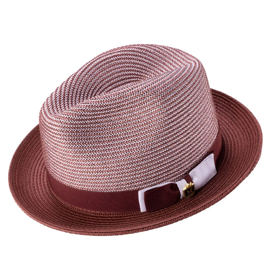 Montique Men's BURGUNDY Braided Two Tone Stingy Brim Pinch Fedora Hat H68