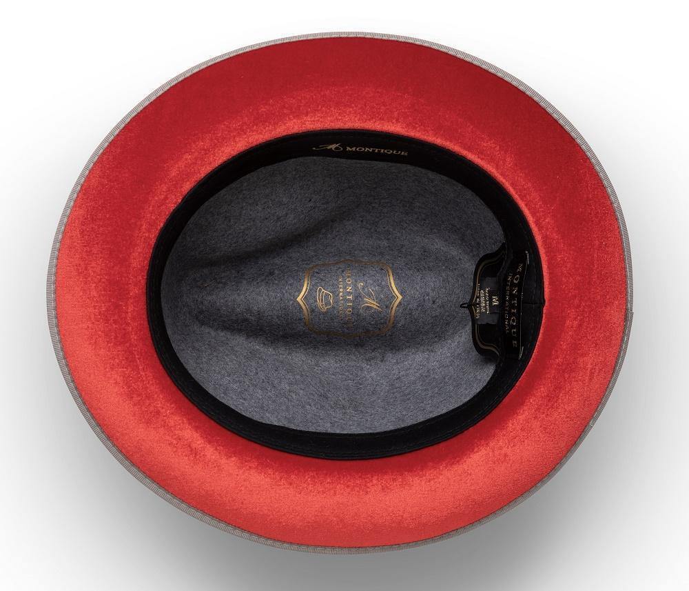 Cinta de grosgrain a juego Montique GREY, ala de 6 cm, parte inferior roja, fieltro de lana h-75